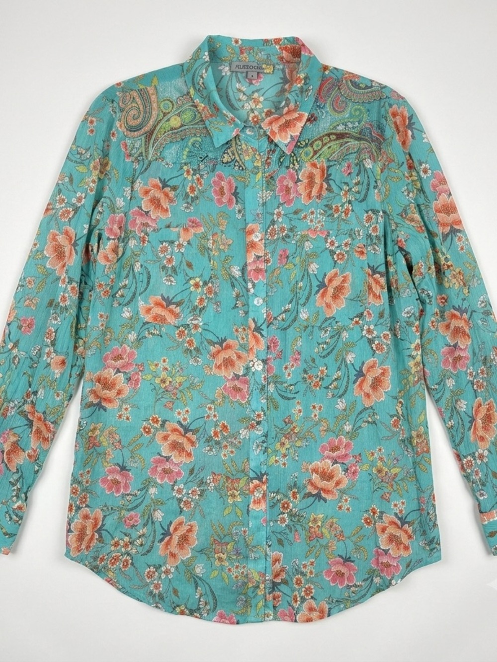 Figueroa & Flower Floral Paisley Shirt XL Womens Long Sleeve Roll-Tab Button Top
